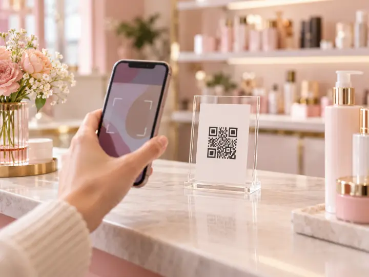 مشتری در فروشگاه آرایشی کد QR کاتالوگ را روی پیشخوان با گوشی اسکن می‌کند