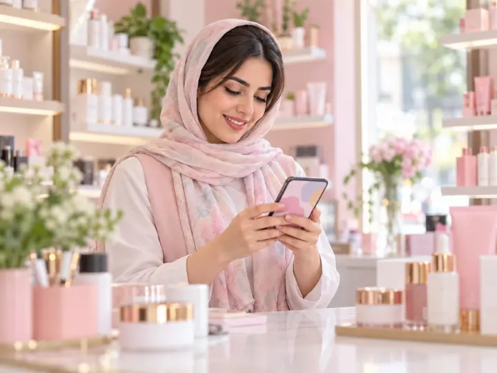 فروشنده لوازم آرایشی سفارش‌های کاتالوگ را روی گوشی بررسی می‌کند